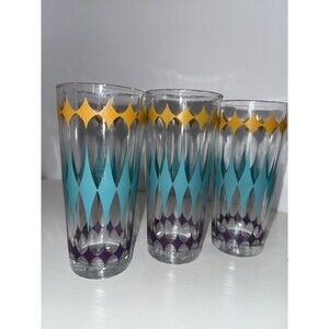 6” Tall Atomic Harlequin Gold Purple Turquoise Diamond Star Glass Tumblers 1950s